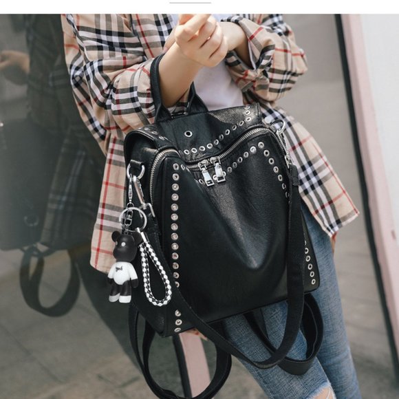 GAGACIA Fashion Women's Backpack Genuine Leather Personality Rivet Backpack
